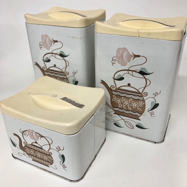 CANNISTER SET, Tea Pot Design w Beige Lid (Set of 3)